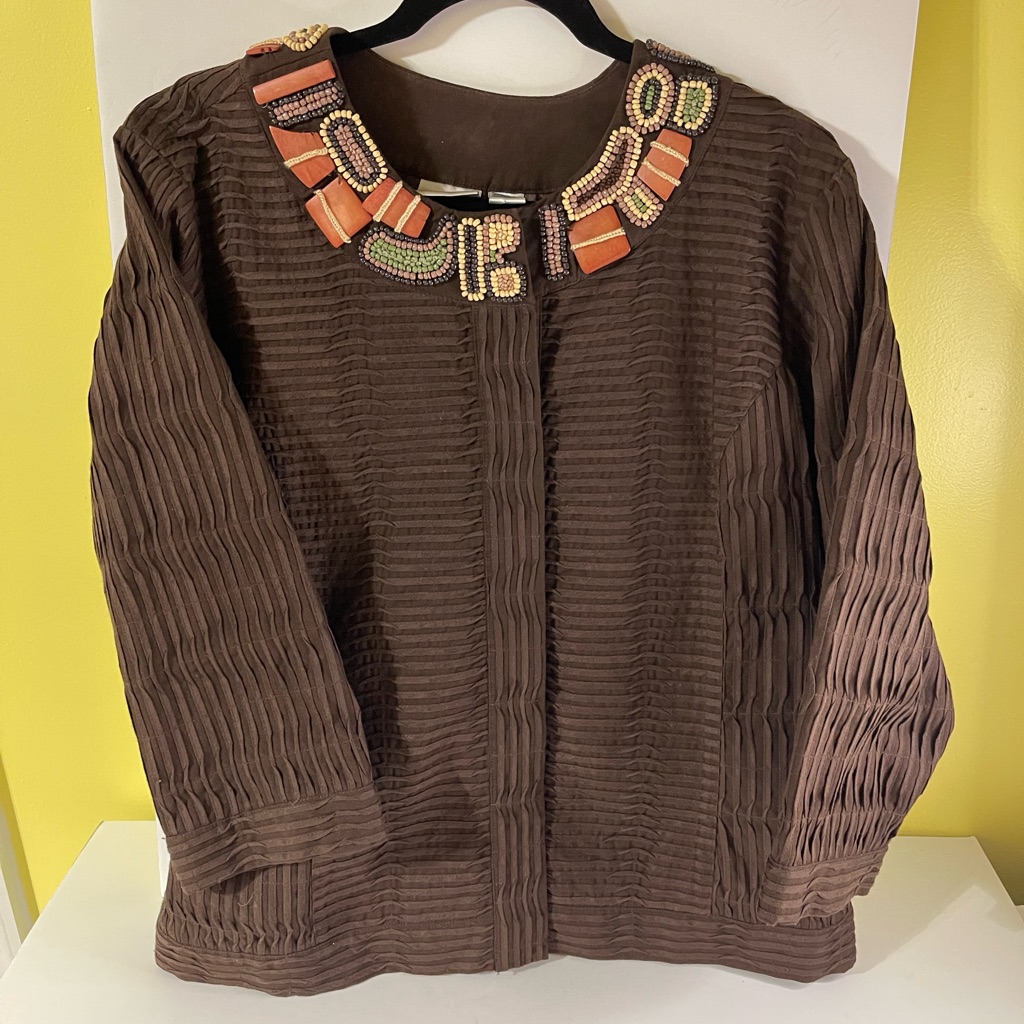 Chico’s Beaded Cotton Tucks Lined Snap Dark Brown Blazer Size 3